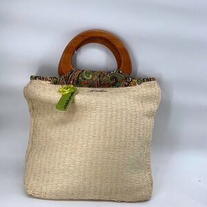 Dakine Isabelle Straw Tote Bag with Wooden Handles & Paisley Fabric NWT‎ Retro